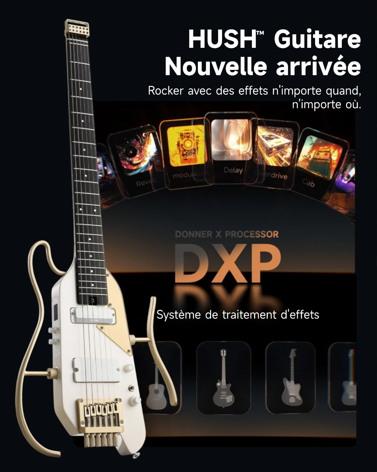 Donner HUSH X™ PRO Guitare Électrique-Blanc-Or##