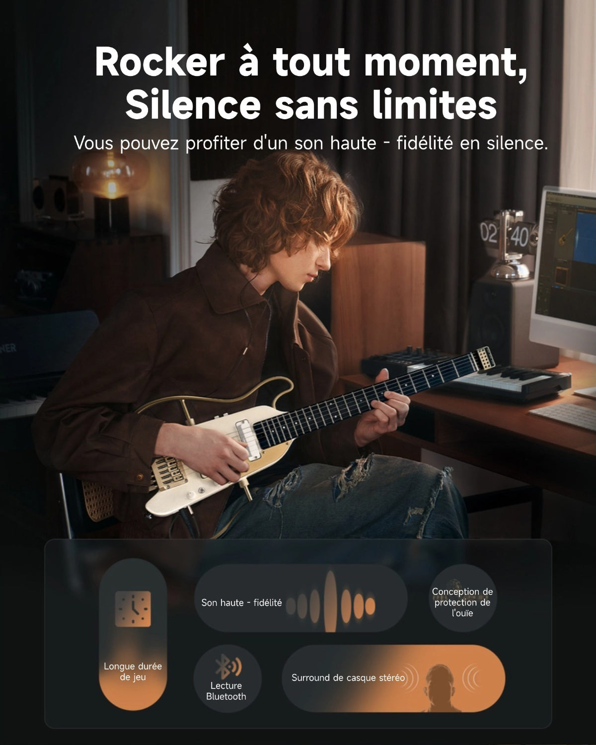 Donner HUSH X™ PRO Guitare Électrique-Blanc-Or##