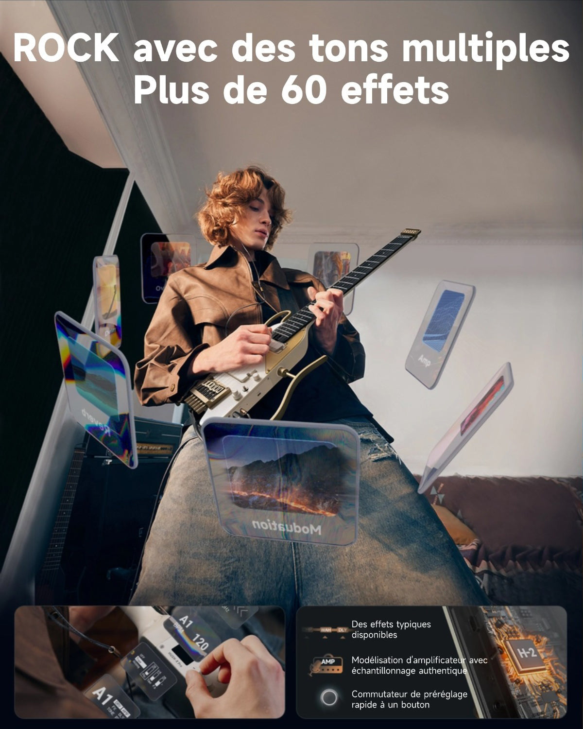 Donner HUSH X™ PRO Guitare Électrique-Blanc-Or##