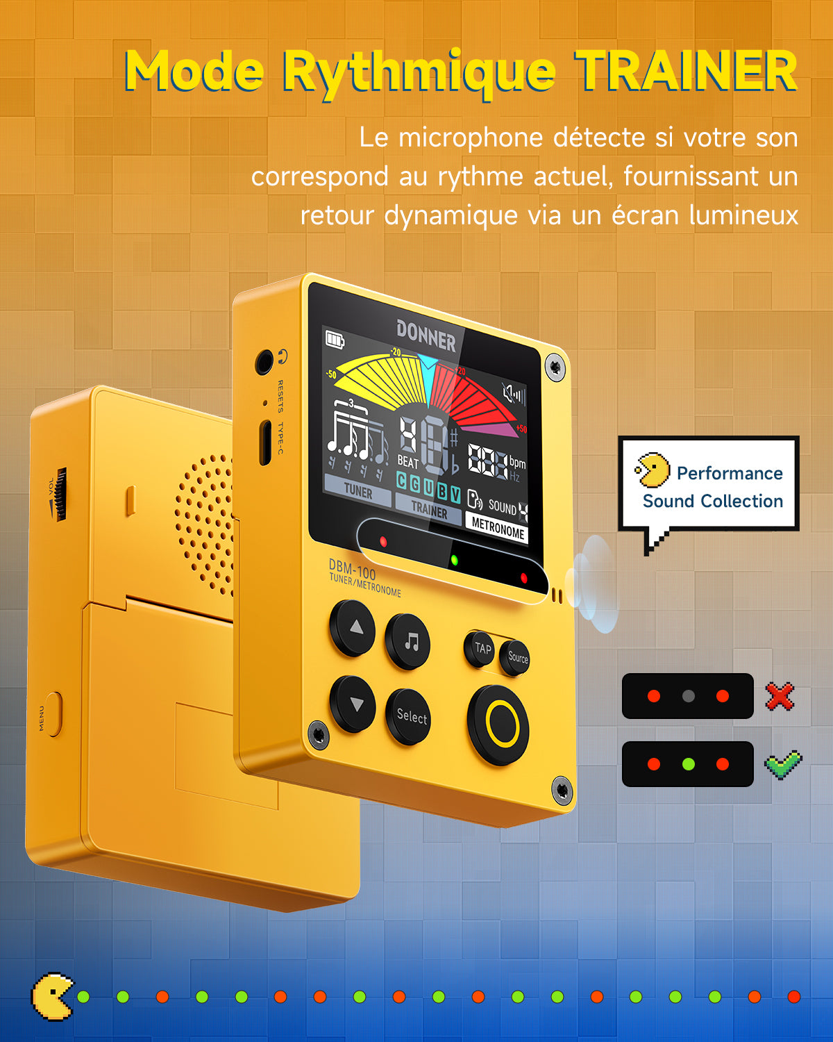 Donner DBM-100 Métronome Accordeur 3-en-1 Rechargeable-Jaune##