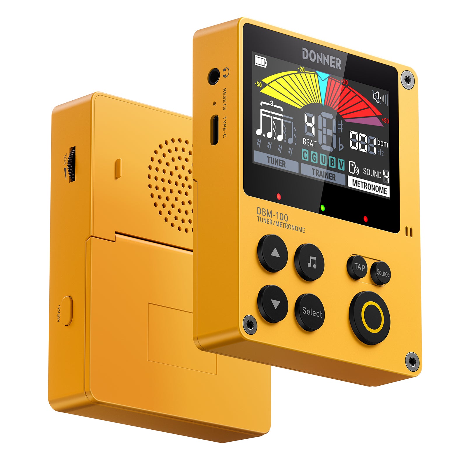 Donner DBM-100 Métronome Accordeur 3-en-1 Rechargeable-Jaune##