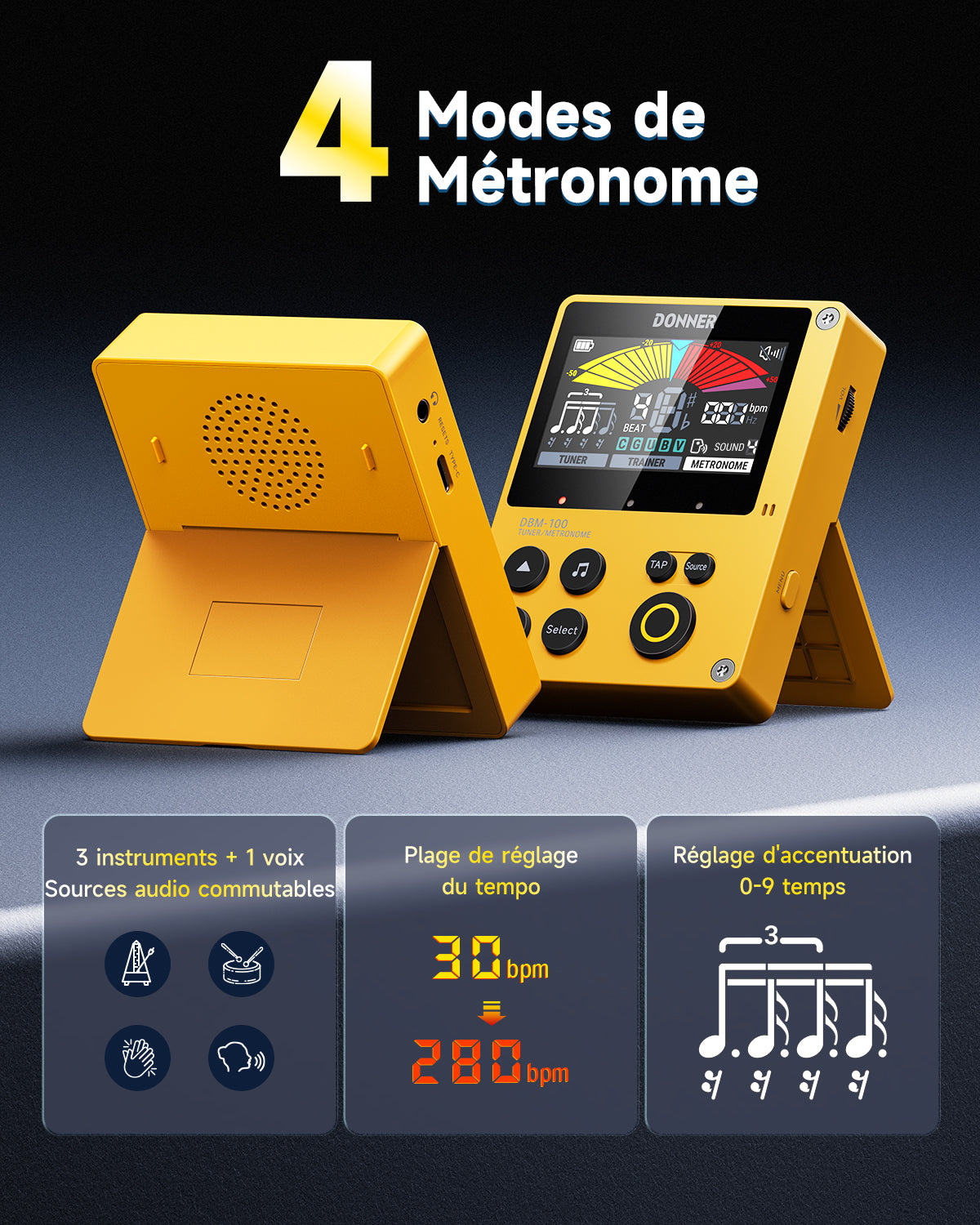 Donner DBM-100 Métronome Accordeur 3-en-1 Rechargeable-Jaune##