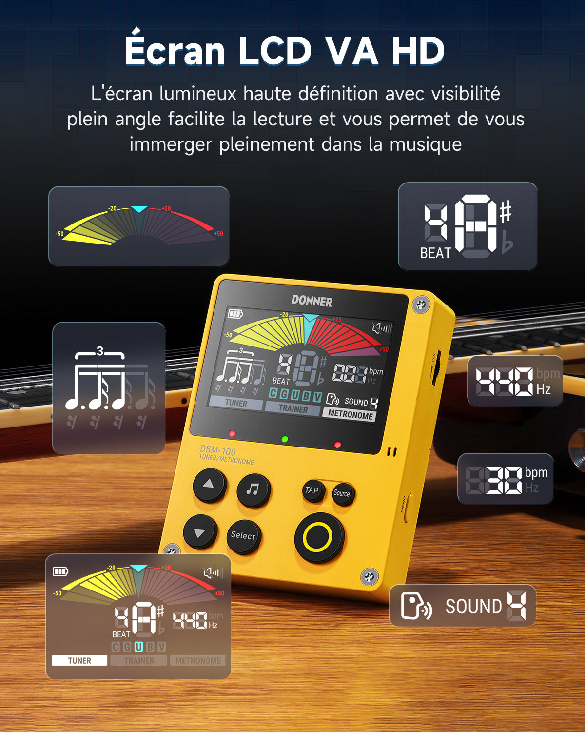 Donner DBM-100 Métronome Accordeur 3-en-1 Rechargeable-Jaune##