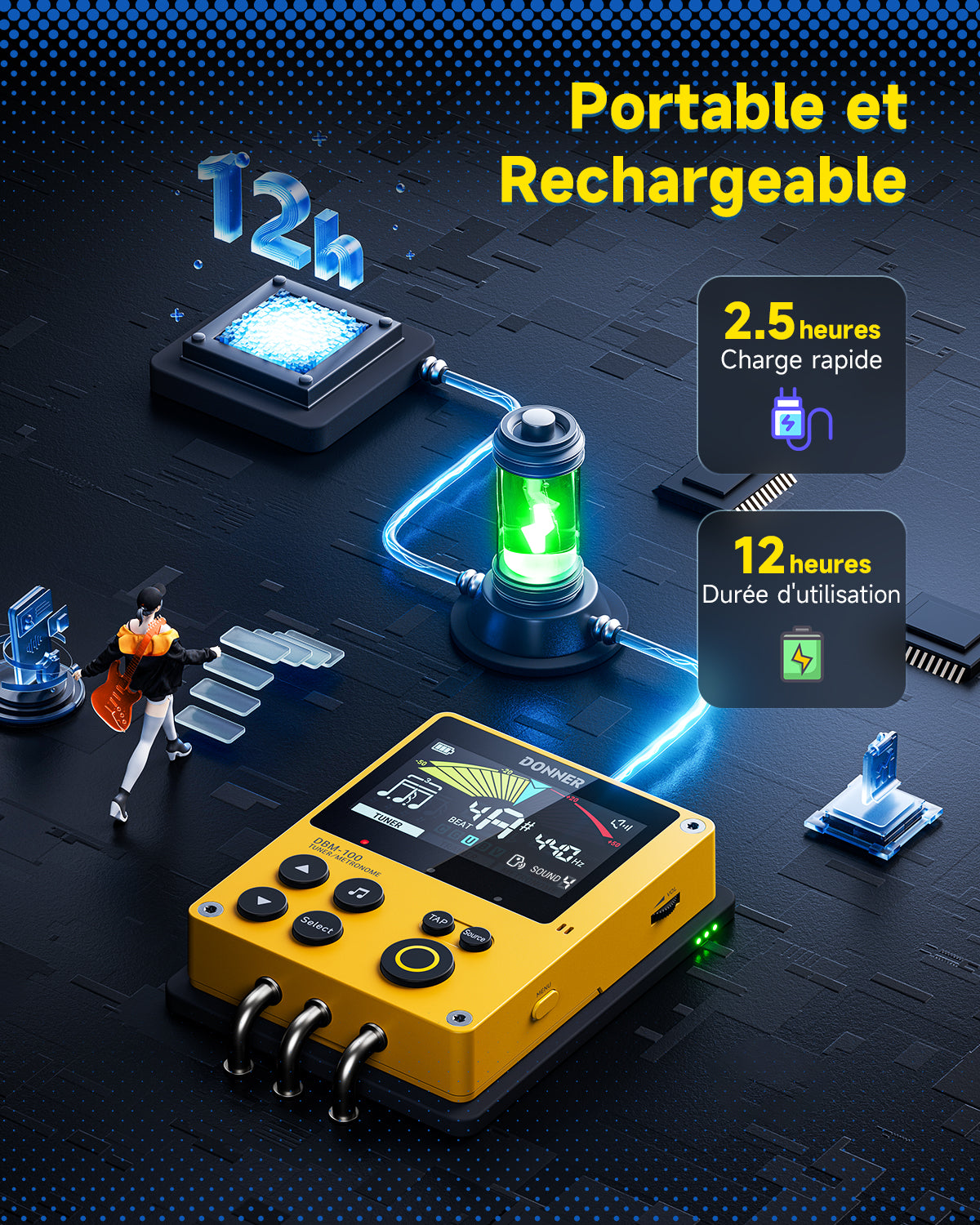 Donner DBM-100 Métronome Accordeur 3-en-1 Rechargeable-Jaune##