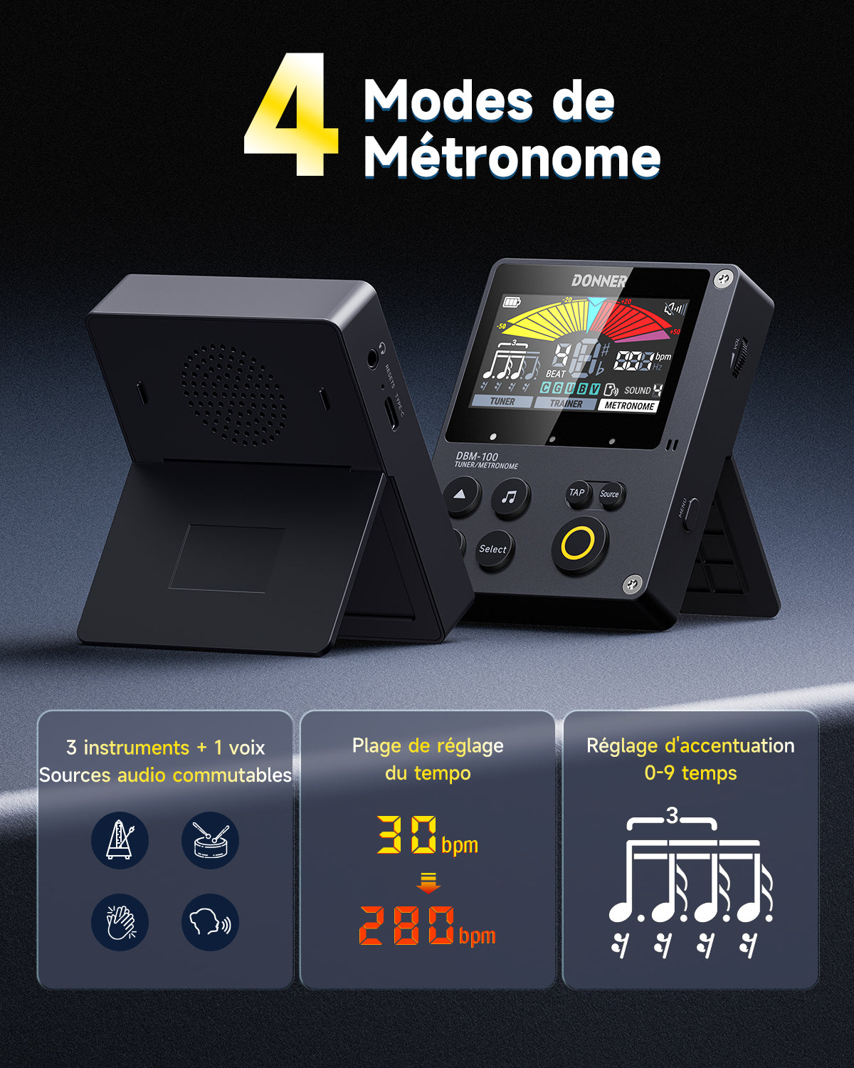 Donner DBM-100 Métronome Accordeur 3-en-1 Rechargeable-Noir##