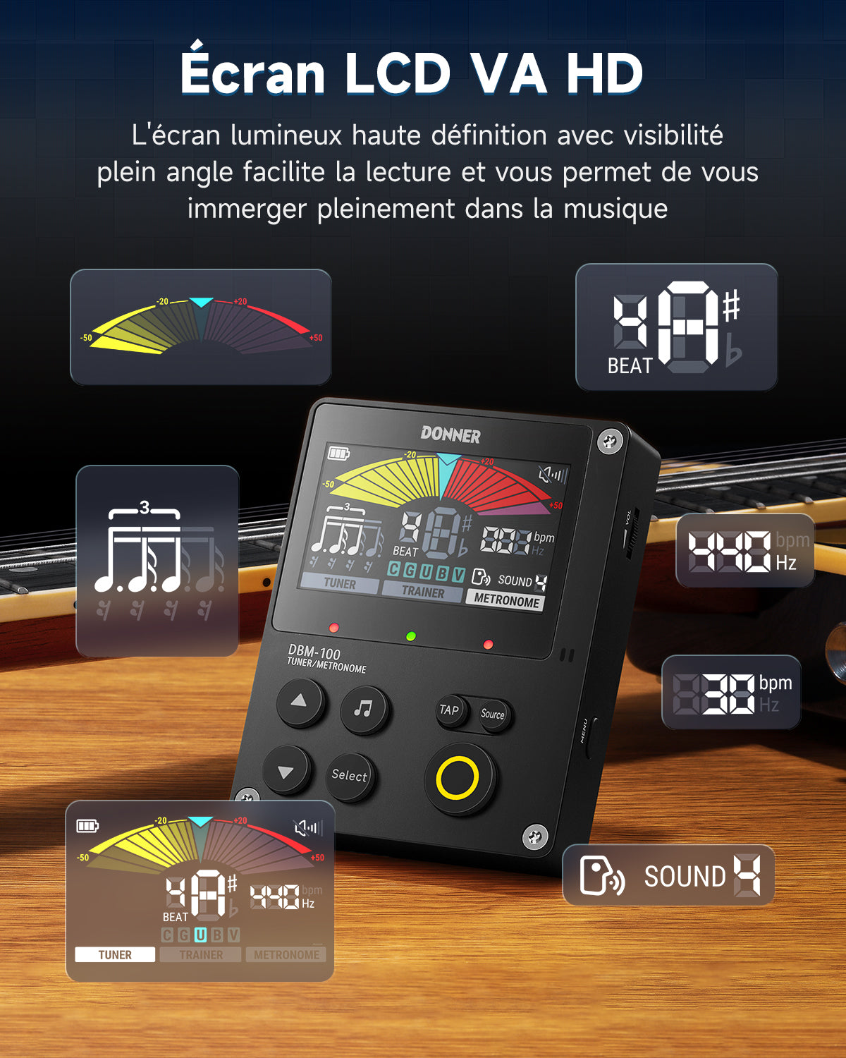 Donner DBM-100 Métronome Accordeur 3-en-1 Rechargeable-Noir##