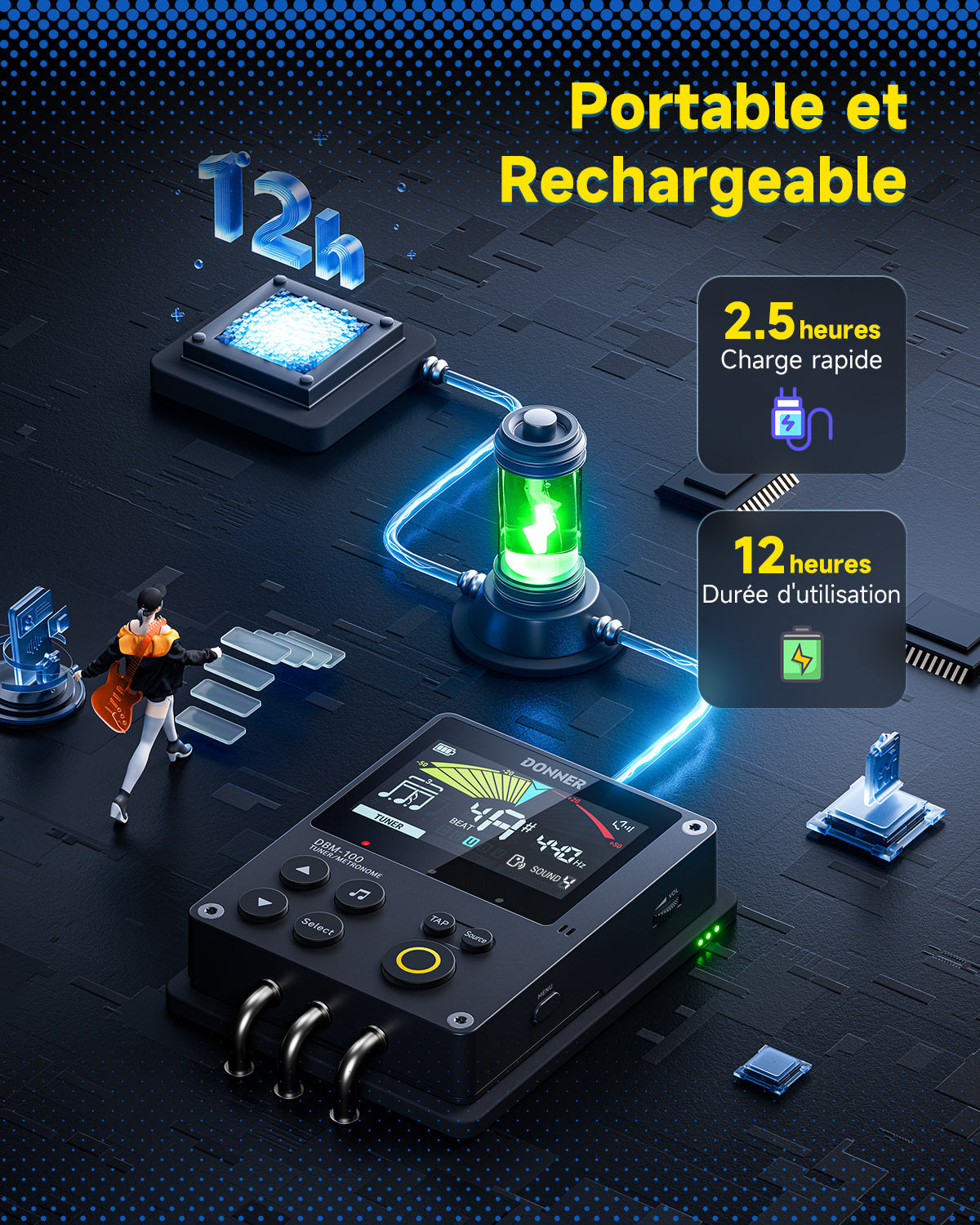 Donner DBM-100 Métronome Accordeur 3-en-1 Rechargeable-Noir##