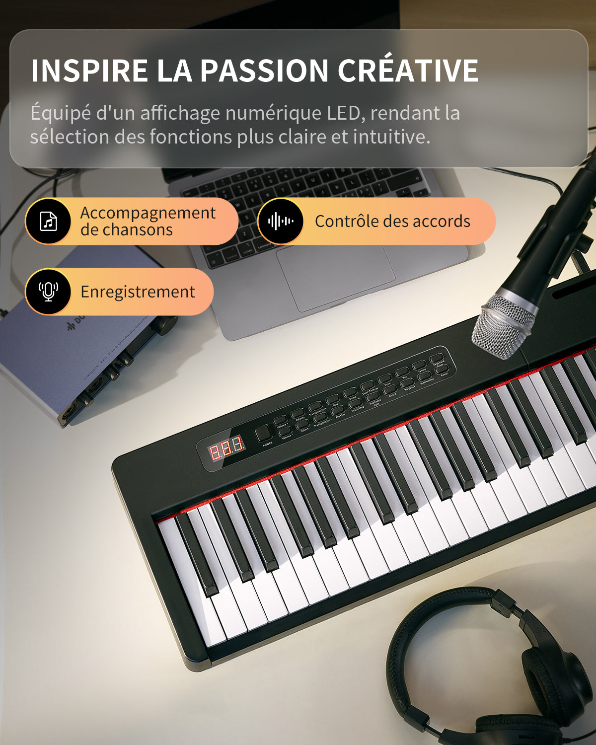 Piano Donner DEP-08 vu de profil, montrant la compacité du clavier et le support