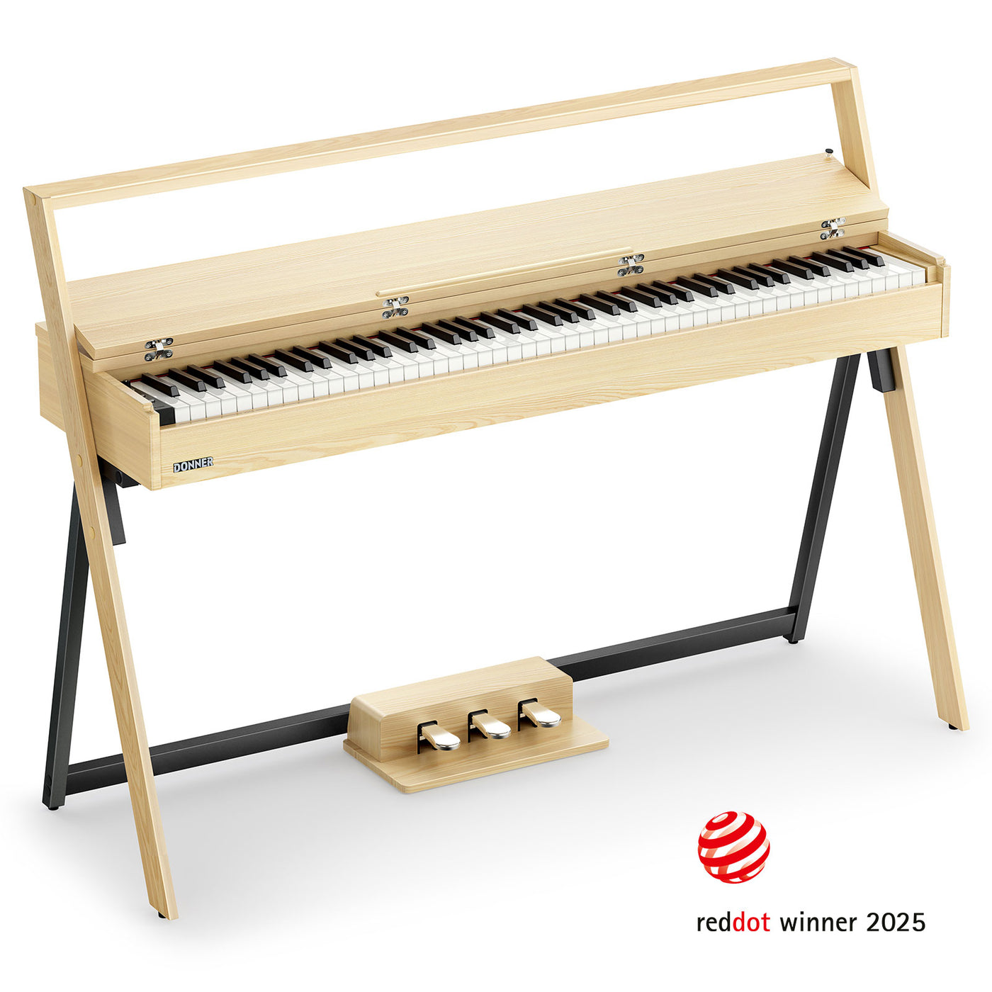 Piano Donner OURA R300 vu de trois quarts, montrant la finition bois et le pupitre intégré