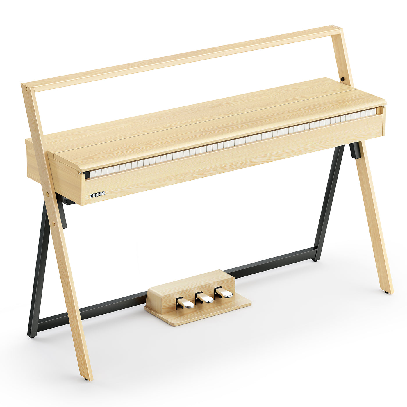 Piano Donner OURA R300 vu de profil, montrant les lignes du meuble et le triple pédalier