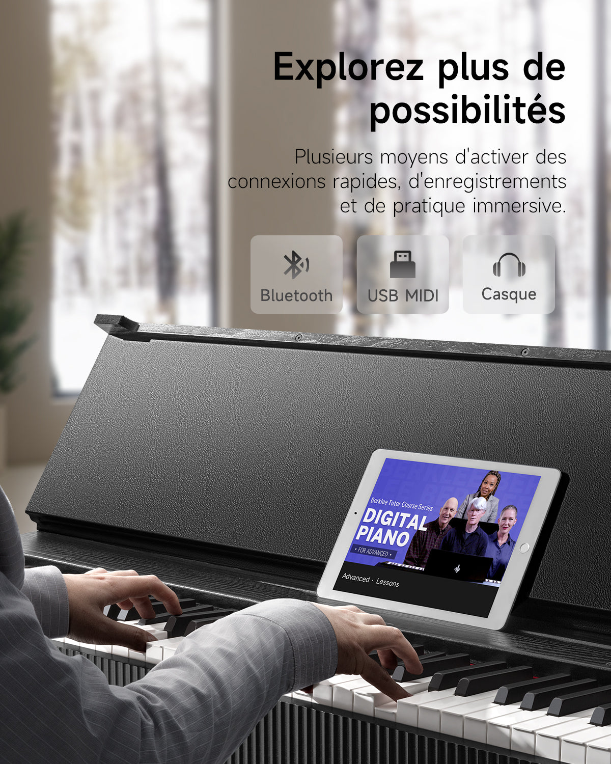 Piano Donner OURA S300 vu de profil, montrant le revêtement et les lignes nordiques du meuble