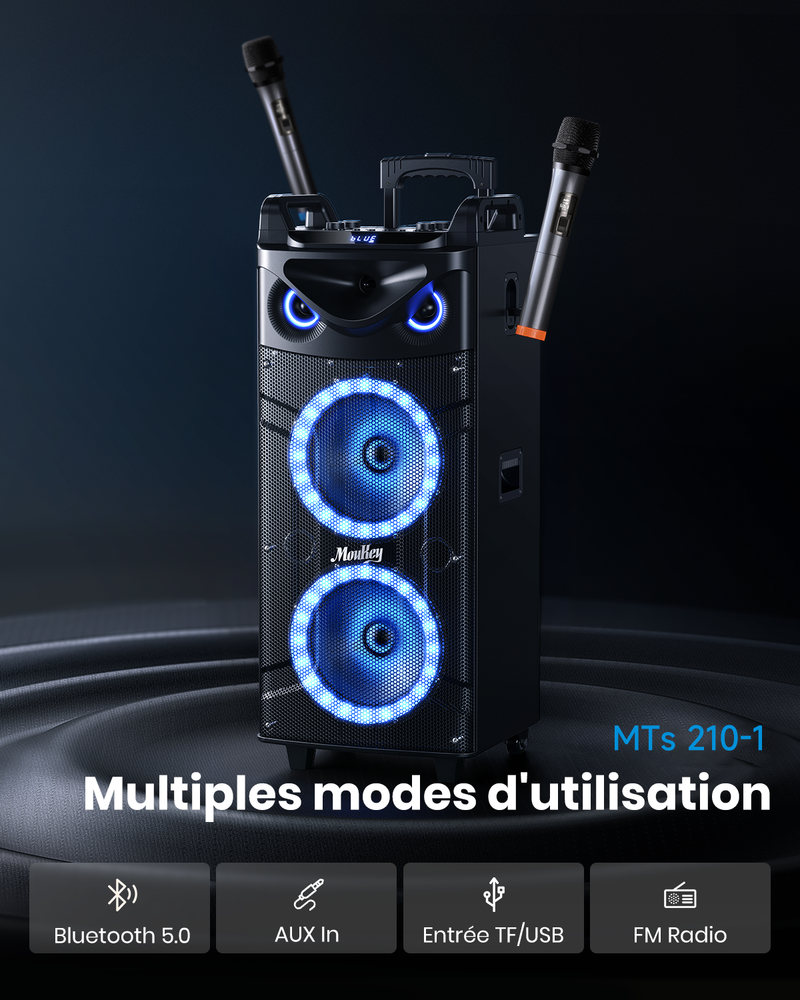 Moukey MTs210-1 Portable Dual Woofer Bluetooth Speaker with 2 Wireless Microphones