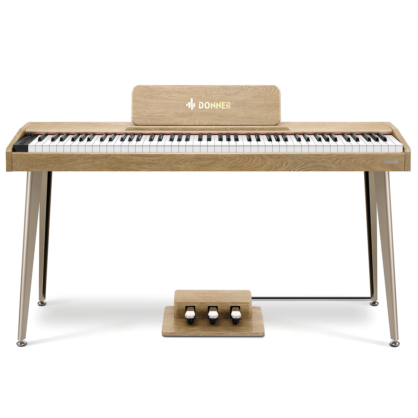 Piano Donner DDP-60 vu de profil, montrant la finesse du meuble et le bloc de pédales