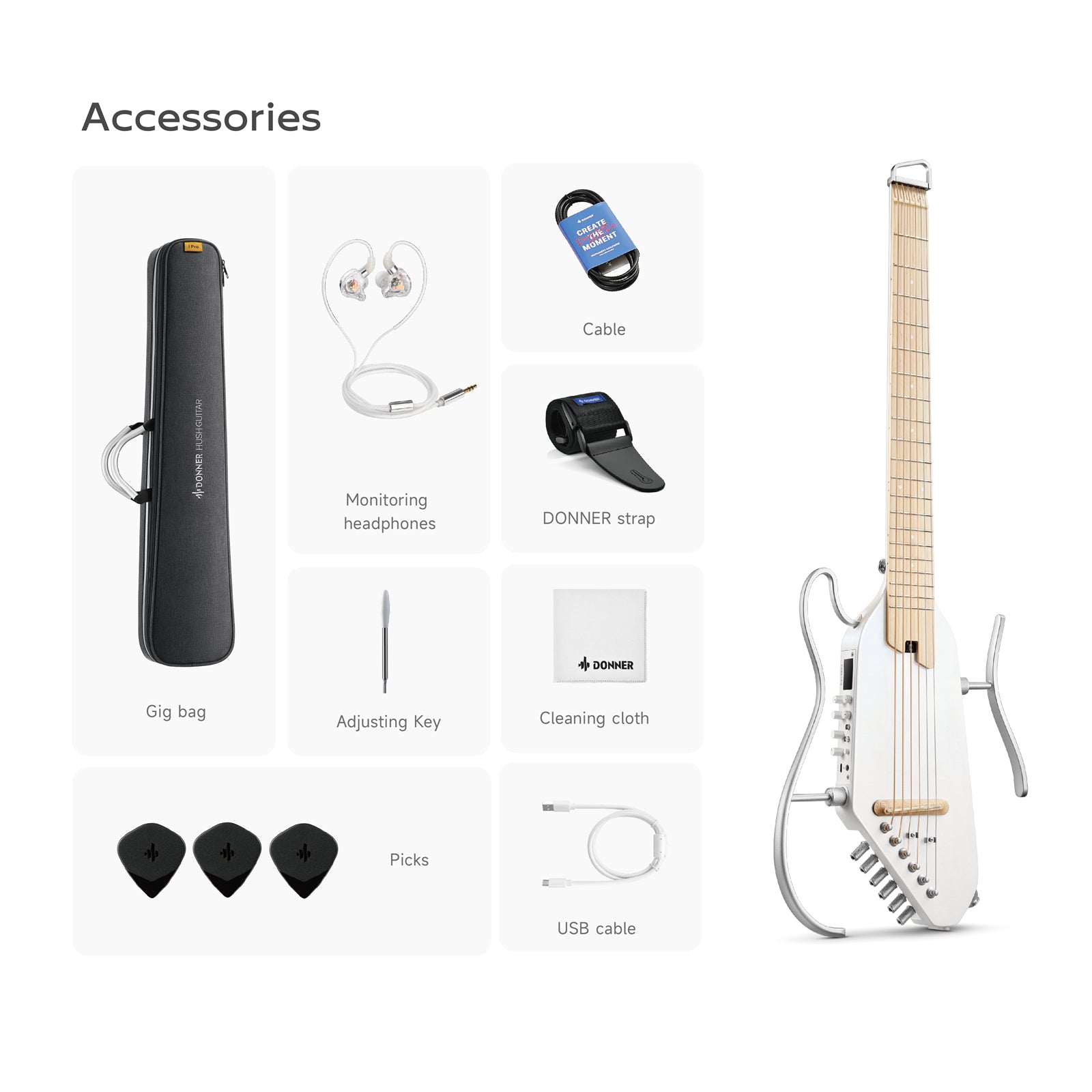 Donner HUSH™ I PRO Electro-Acoustique Guitare Voyageuse-Blanc##
