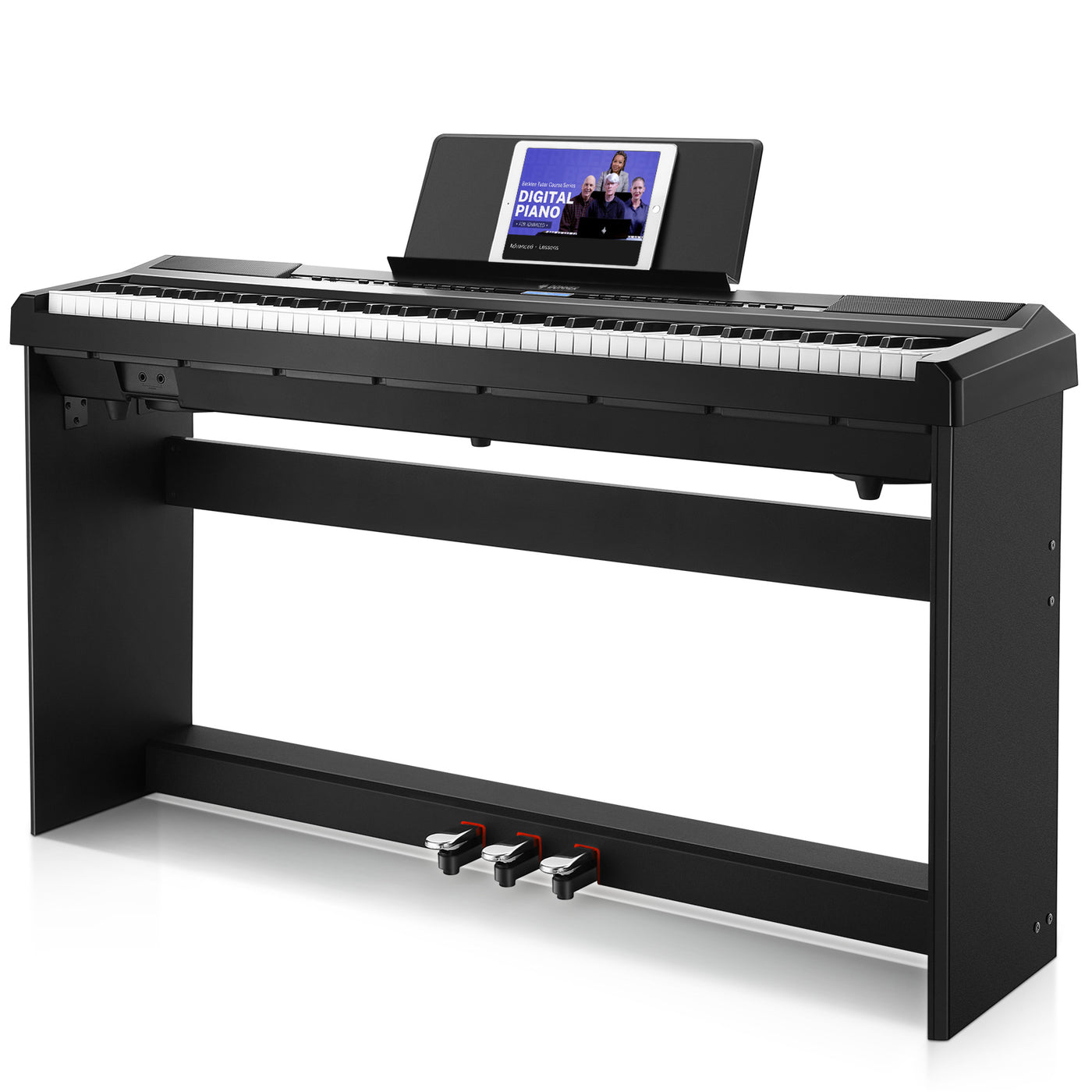 Piano numérique Donner DEP-20 en finition noire, vu de face sur son meuble bois avec triple pédalier