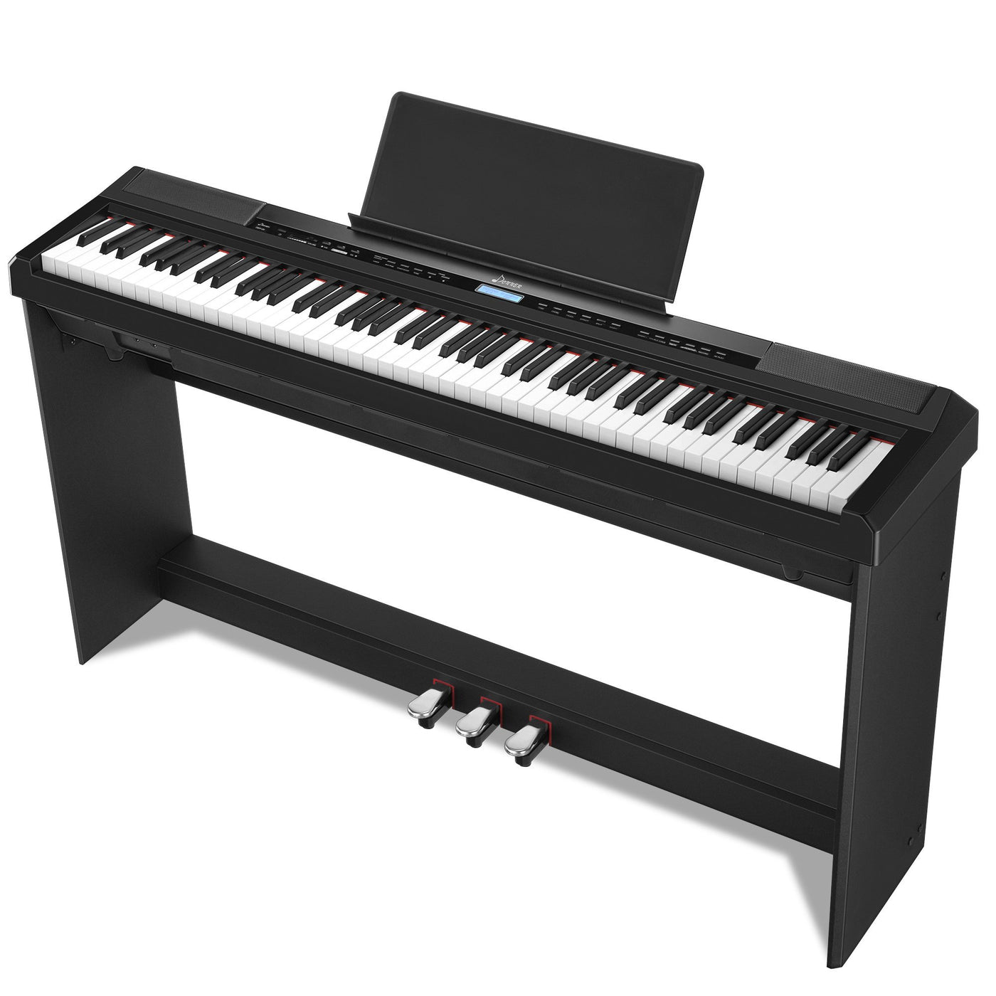 Piano Donner DEP-20 vu de profil, montrant le meuble bois et l'écran LCD