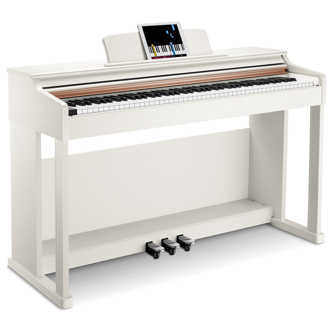 Piano numérique Donner DDP-100 en finition blanche, vu de face avec son couvercle coulissant et son pédalier triple en métal
