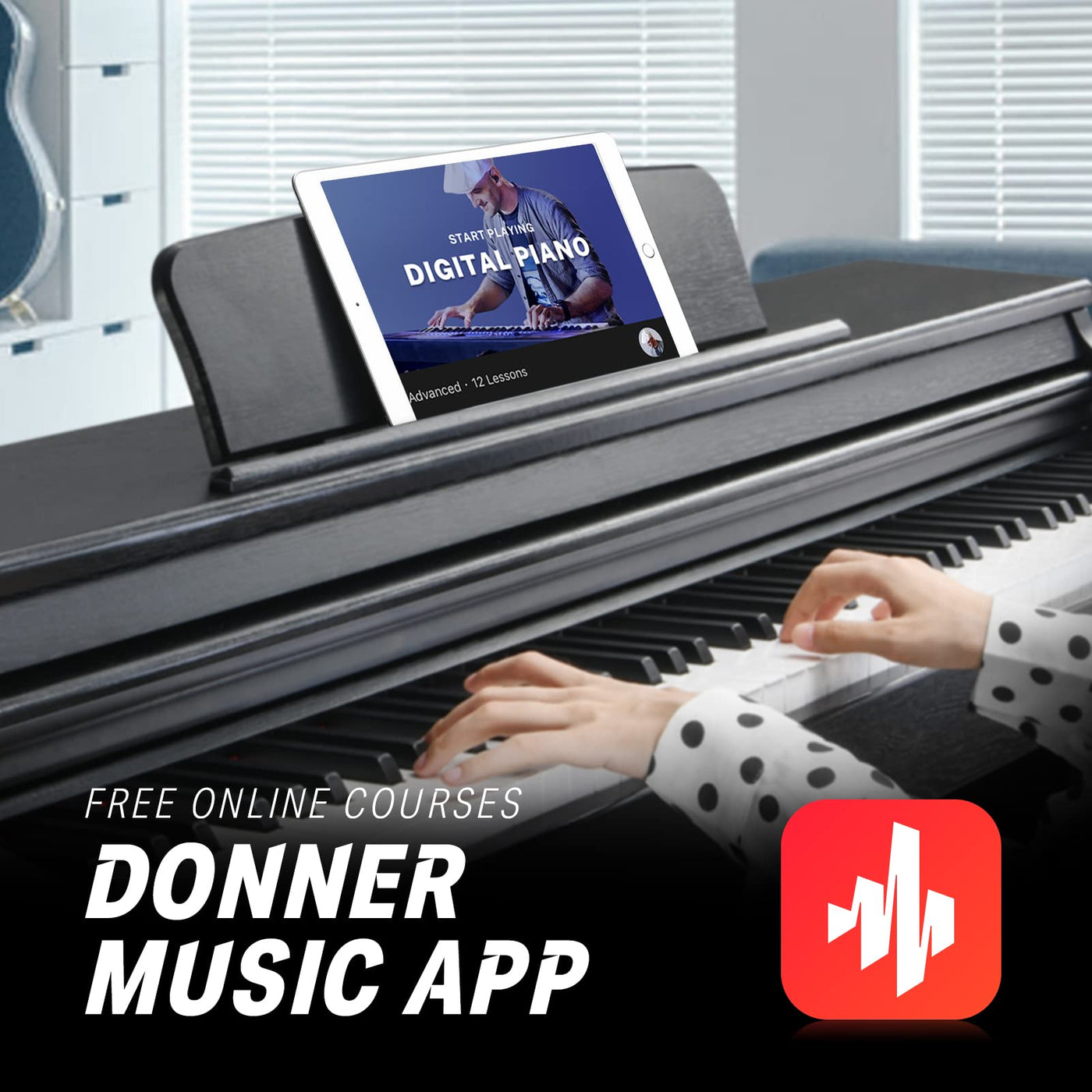 Piano Donner DDP-100 vu de profil, montrant le meuble bois et les proportions du piano meuble