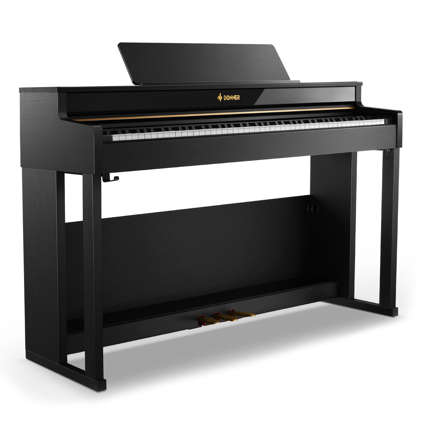 Piano numérique Donner DDP-400 en finition bois, vu de face avec son couvercle coulissant et son baffle étendu