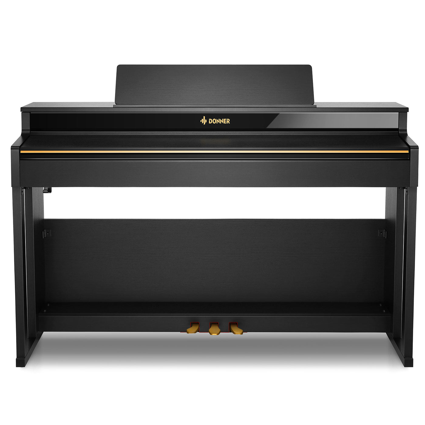Piano Donner DDP-400 vu de trois quarts, montrant le meuble bois et le baffle étendu